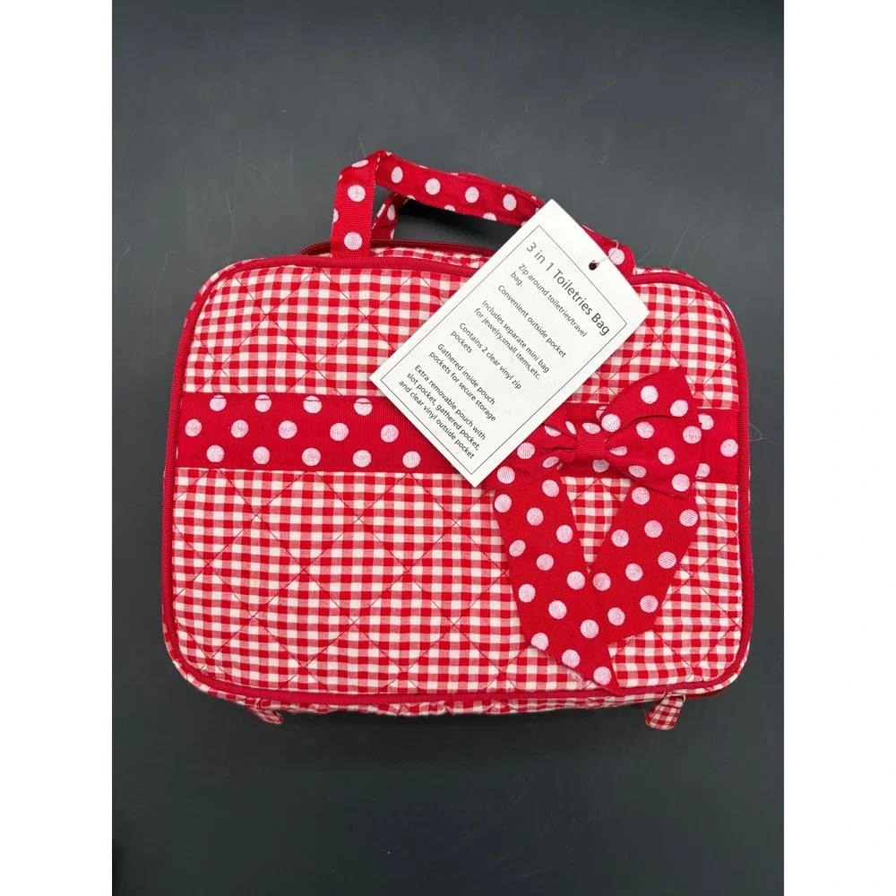 Unbranded 3 in 1 Toiletries Bag Red Gingham Polka Dot Quilted Travel Organizer